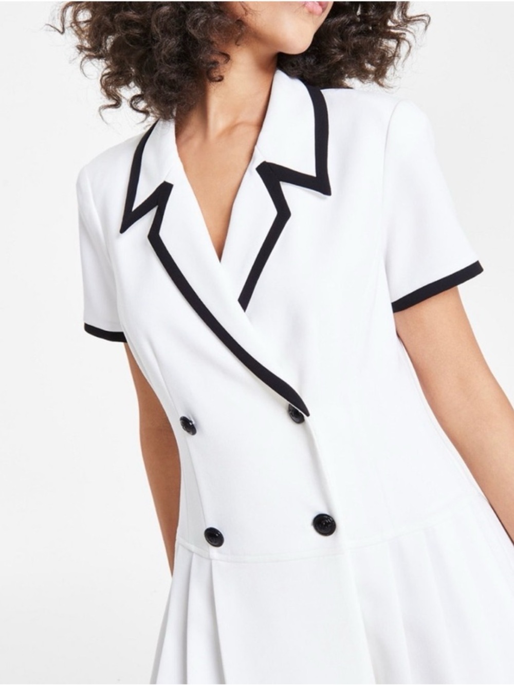 Karl Lagerfeld White Short-Sleeve Pleated Dress with Black Trim - Picture 4 of 5